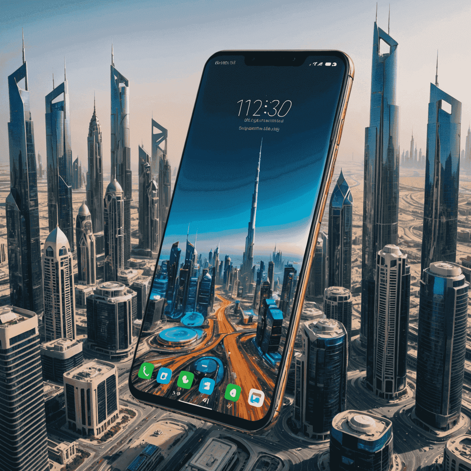 A sleek, modern smartphone with a bezel-less display and multiple camera lenses, showcasing the latest 5G technology in a futuristic UAE cityscape
