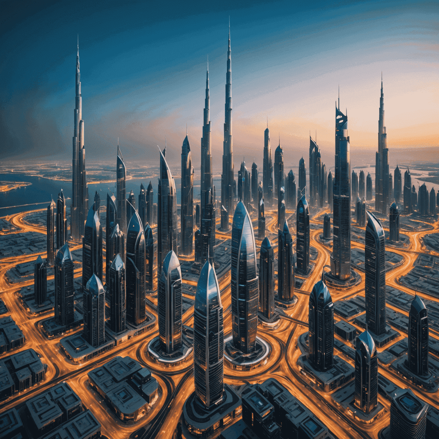 A futuristic cityscape of Dubai with 5G towers and mobile devices emitting data streams, showcasing the advanced mobile infrastructure of the UAE