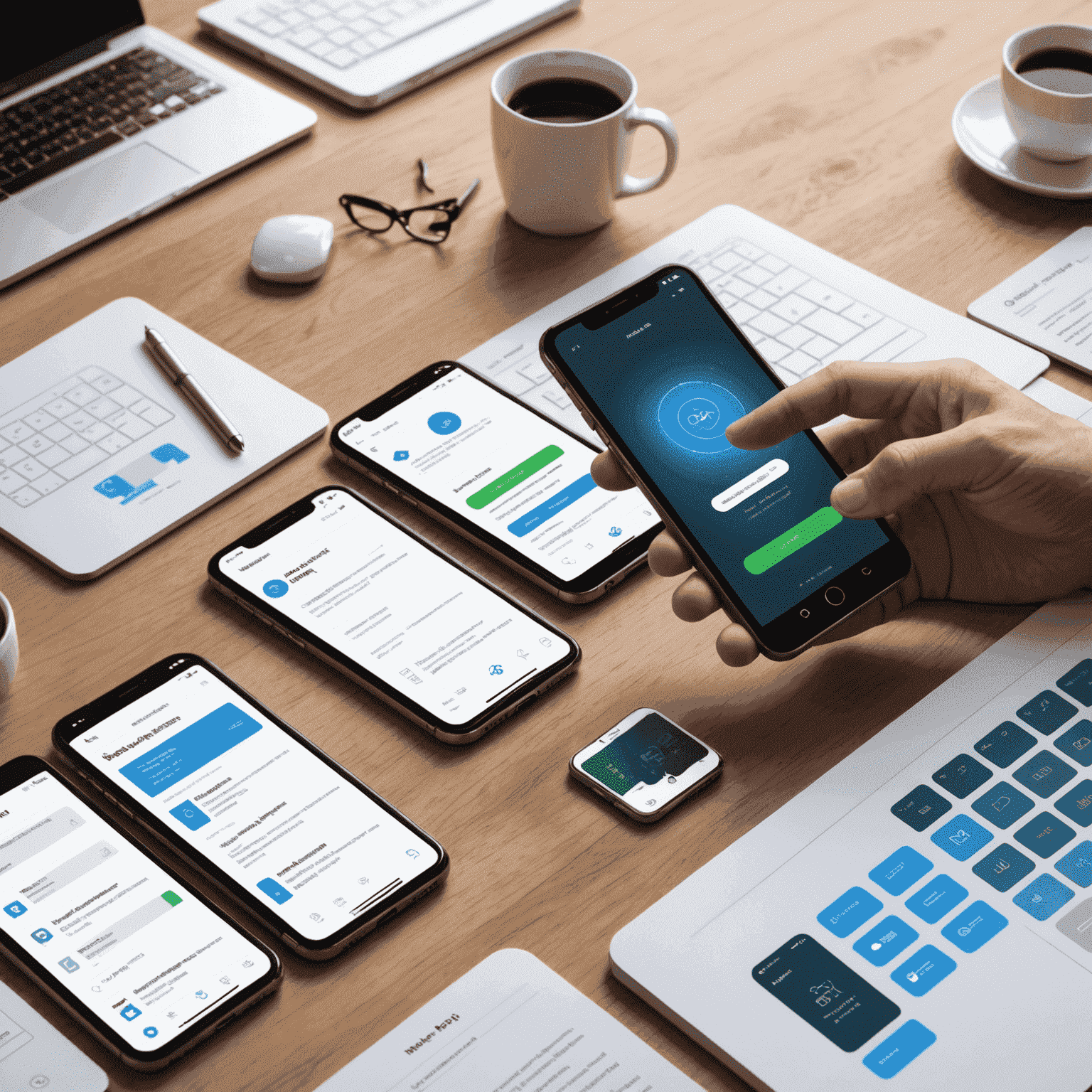 Mobile app development process showing code, design mockups, and a smartphone with a custom app interface