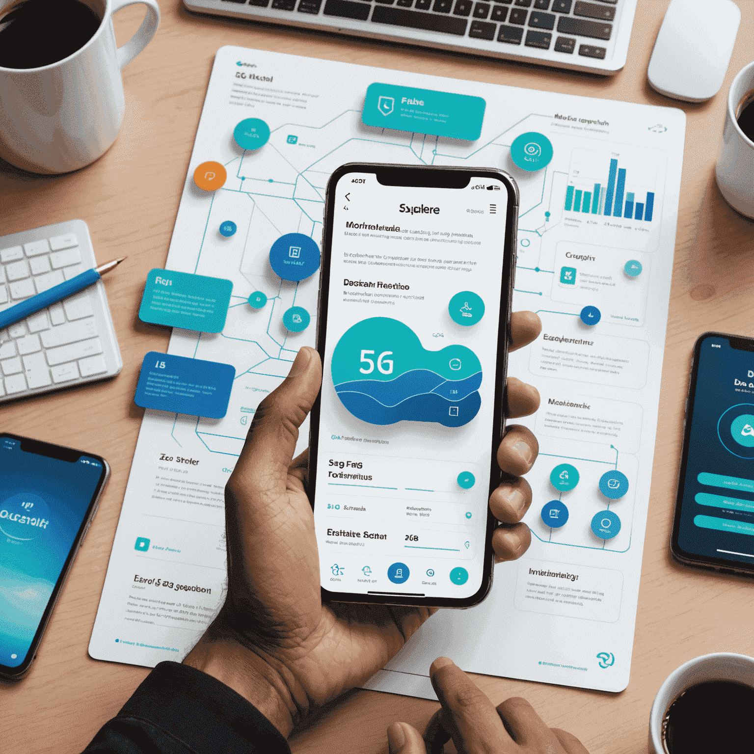 A modern illustration showcasing various UI elements and user flow diagrams for mobile app design, with emphasis on 5G technology in UAE context