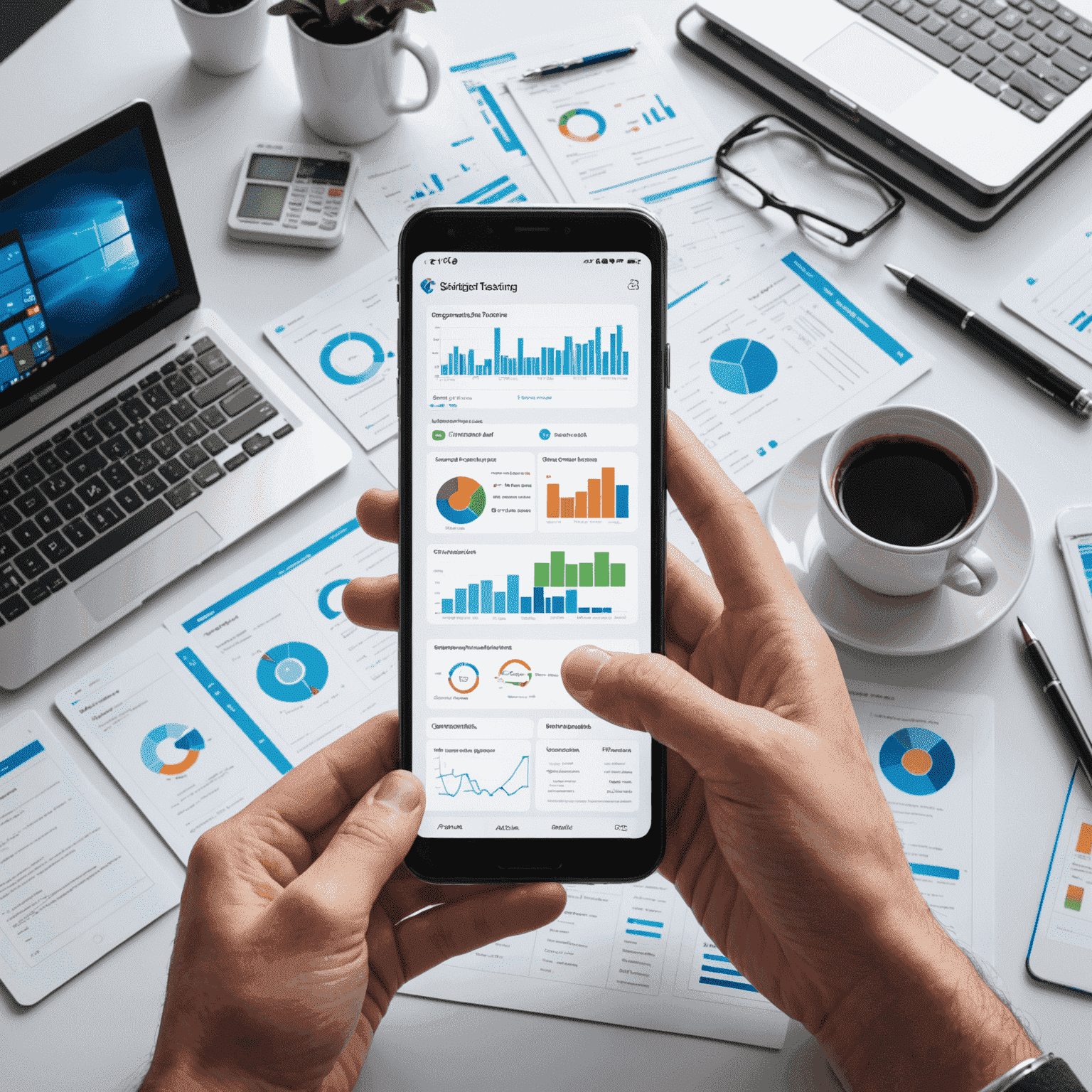 A smartphone being tested with various diagnostic tools and software. Multiple screens show different aspects of mobile testing including performance metrics, user interface checks, and compatibility tests across various mobile platforms.