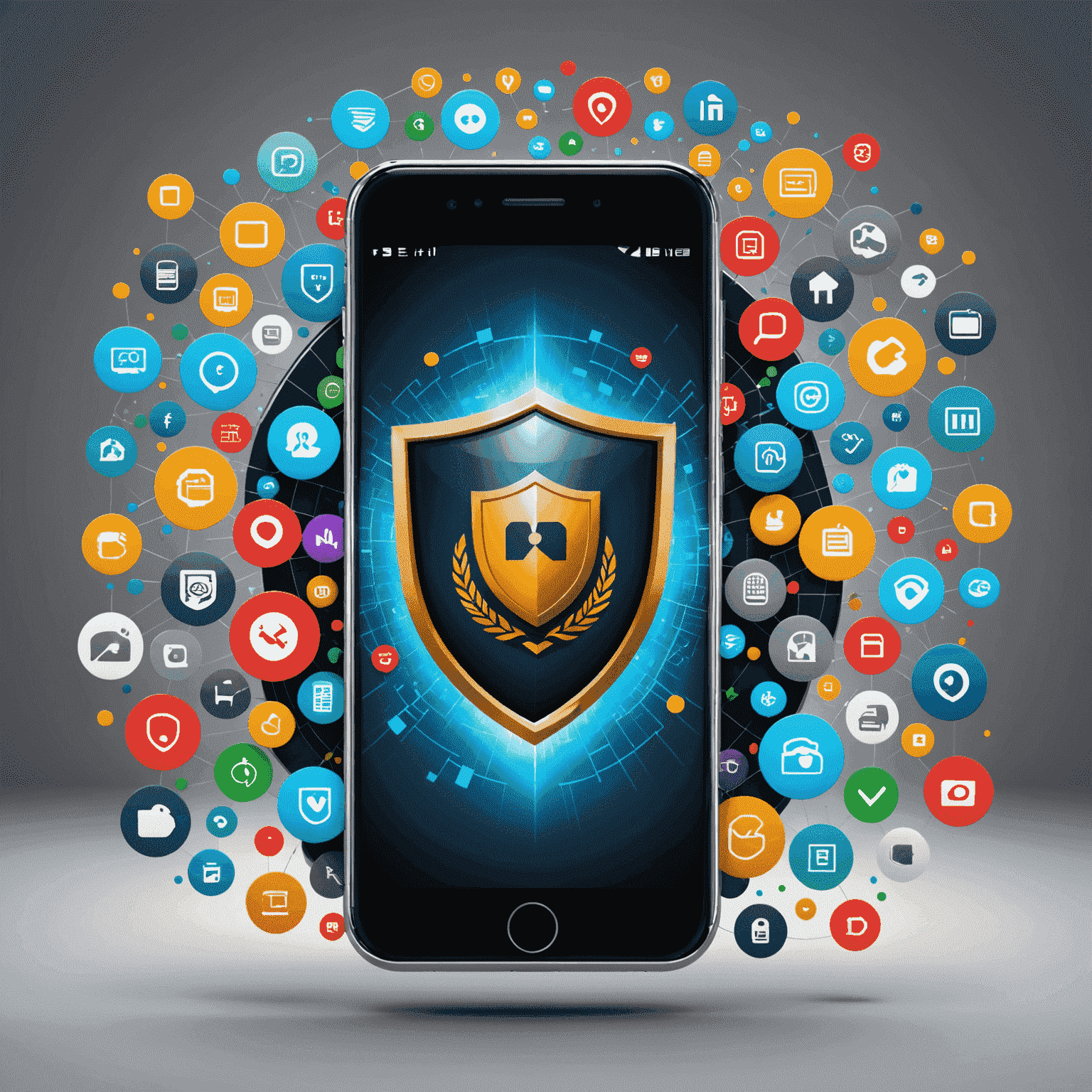 A smartphone with a shield icon overlay, representing mobile security. The background shows various mobile apps and data symbols floating around the device, emphasizing the protection of user data and applications.