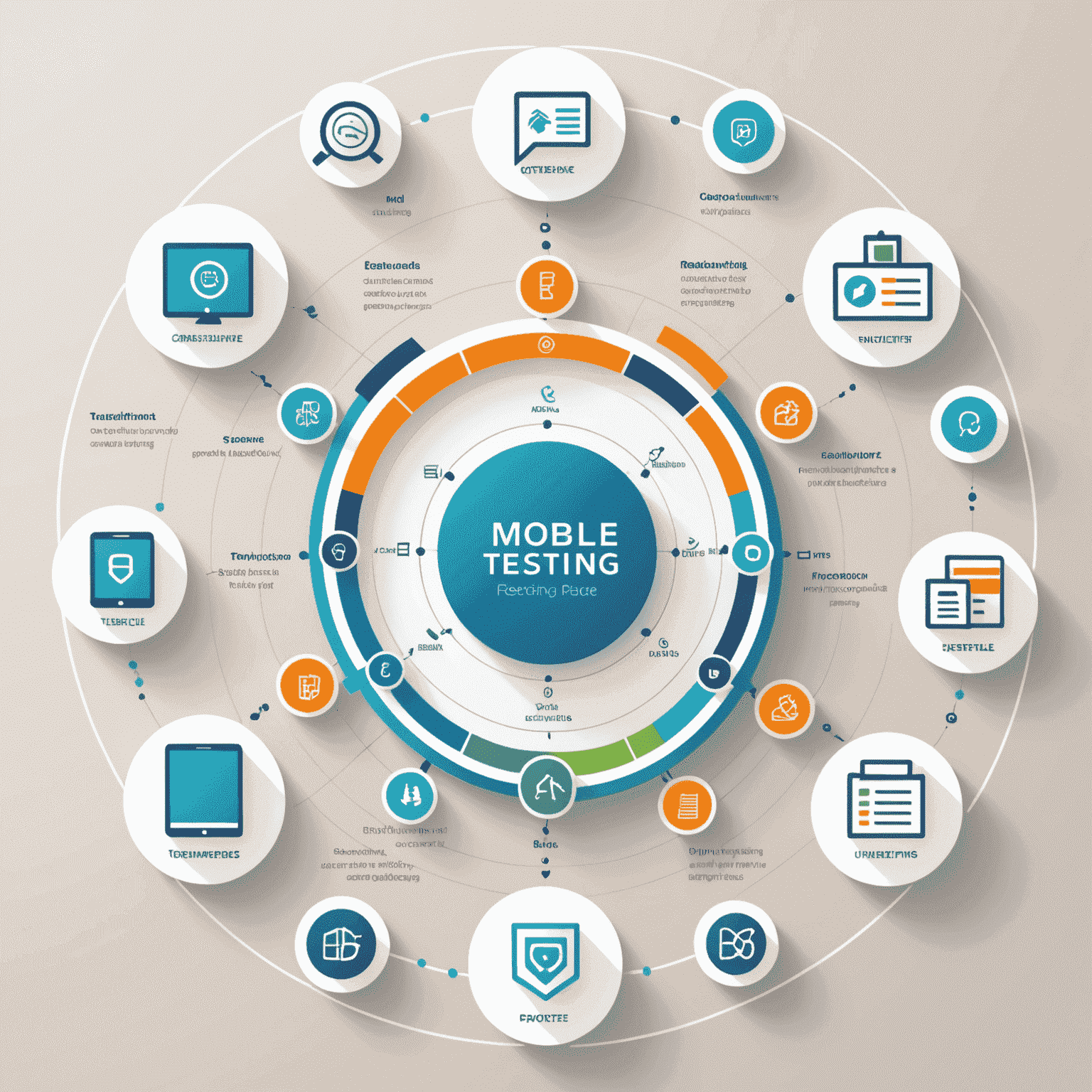 A visual representation of the mobile testing process. The image shows a circular diagram with icons representing each step of the testing process, from requirements analysis to final reporting. The diagram is overlaid on a background showing various mobile devices.