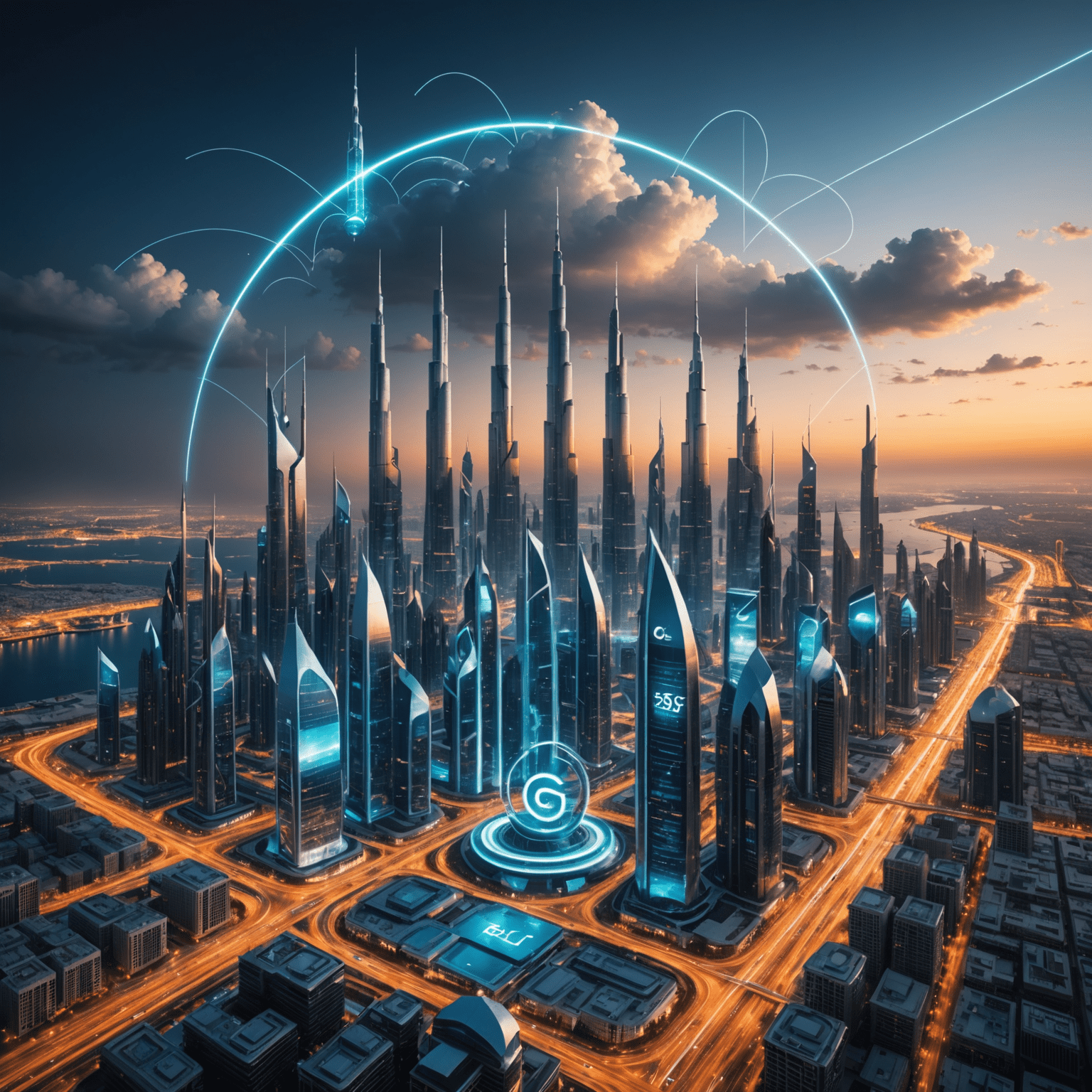 A futuristic cityscape in the UAE with 5G towers prominently displayed. Mobile devices and cloud symbols are interconnected with glowing lines, representing the high-speed 5G network.