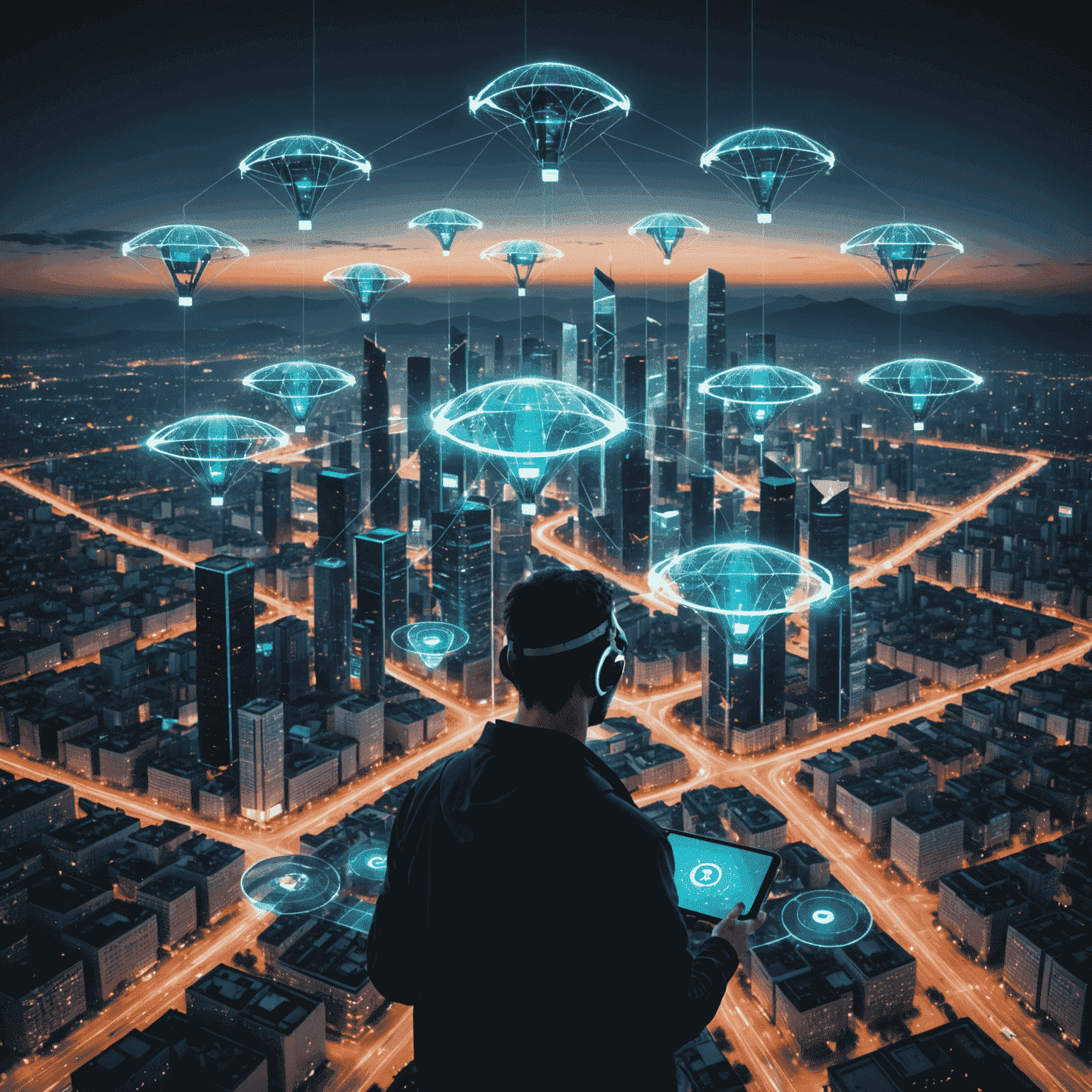 A futuristic cityscape with 5G towers and flying drones, overlaid with a network of glowing lines representing secure data transmission. In the foreground, a person uses a smartphone with a visible security shield icon.