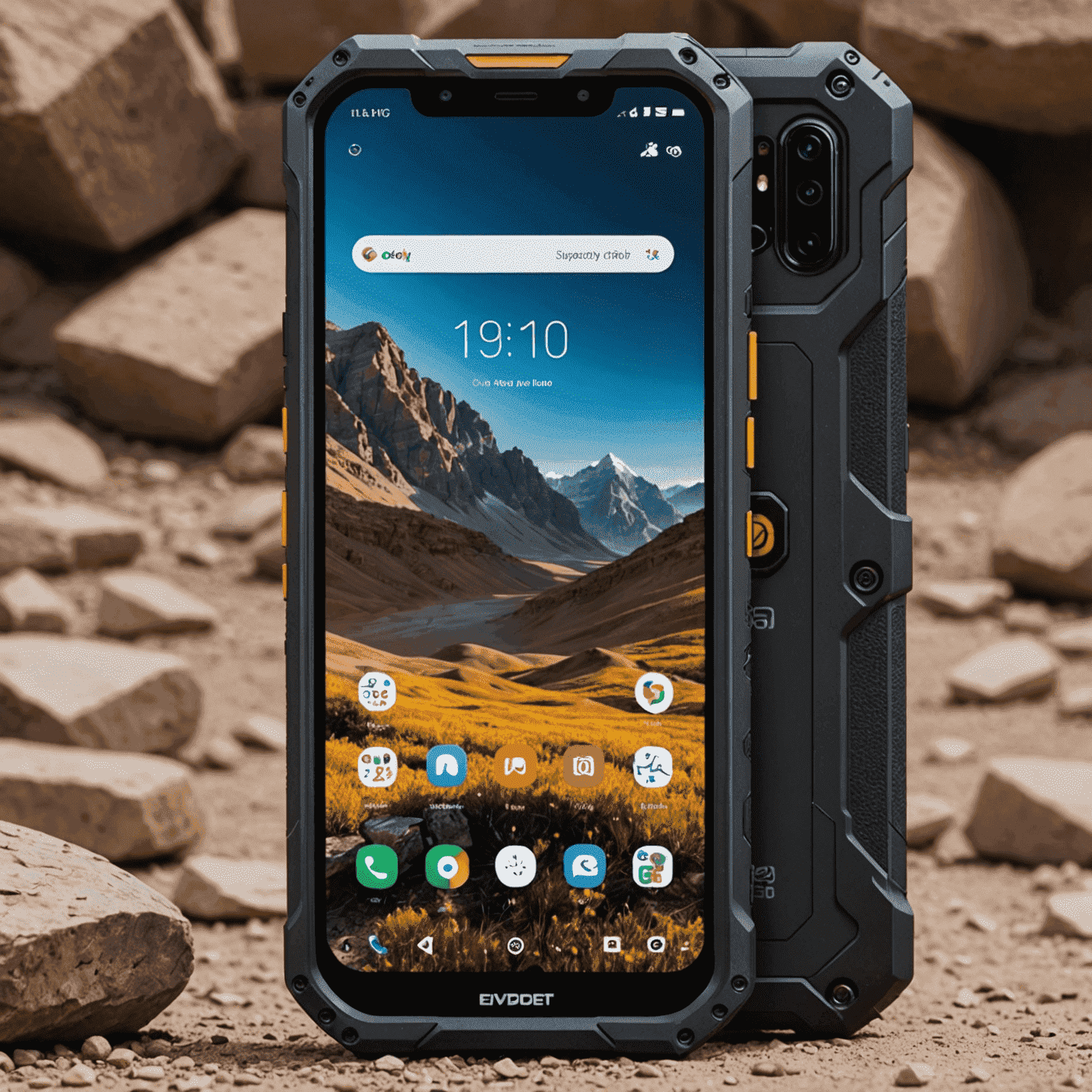 A rugged smartphone with visible 5G antennas and a durable design, perfect for the UAE's diverse environments