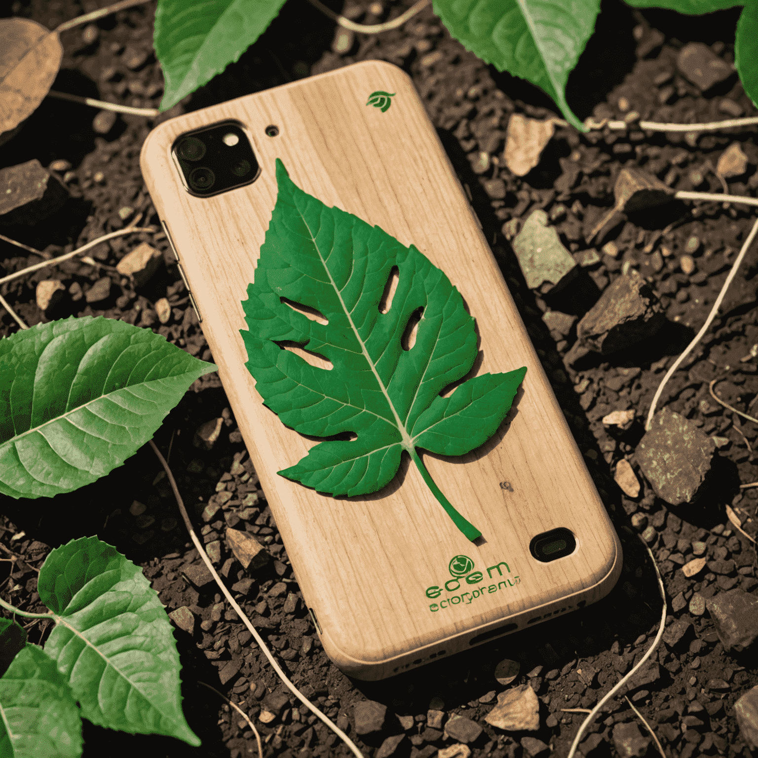 An eco-friendly smartphone made from recycled materials, featuring a green leaf logo and solar charging capabilities