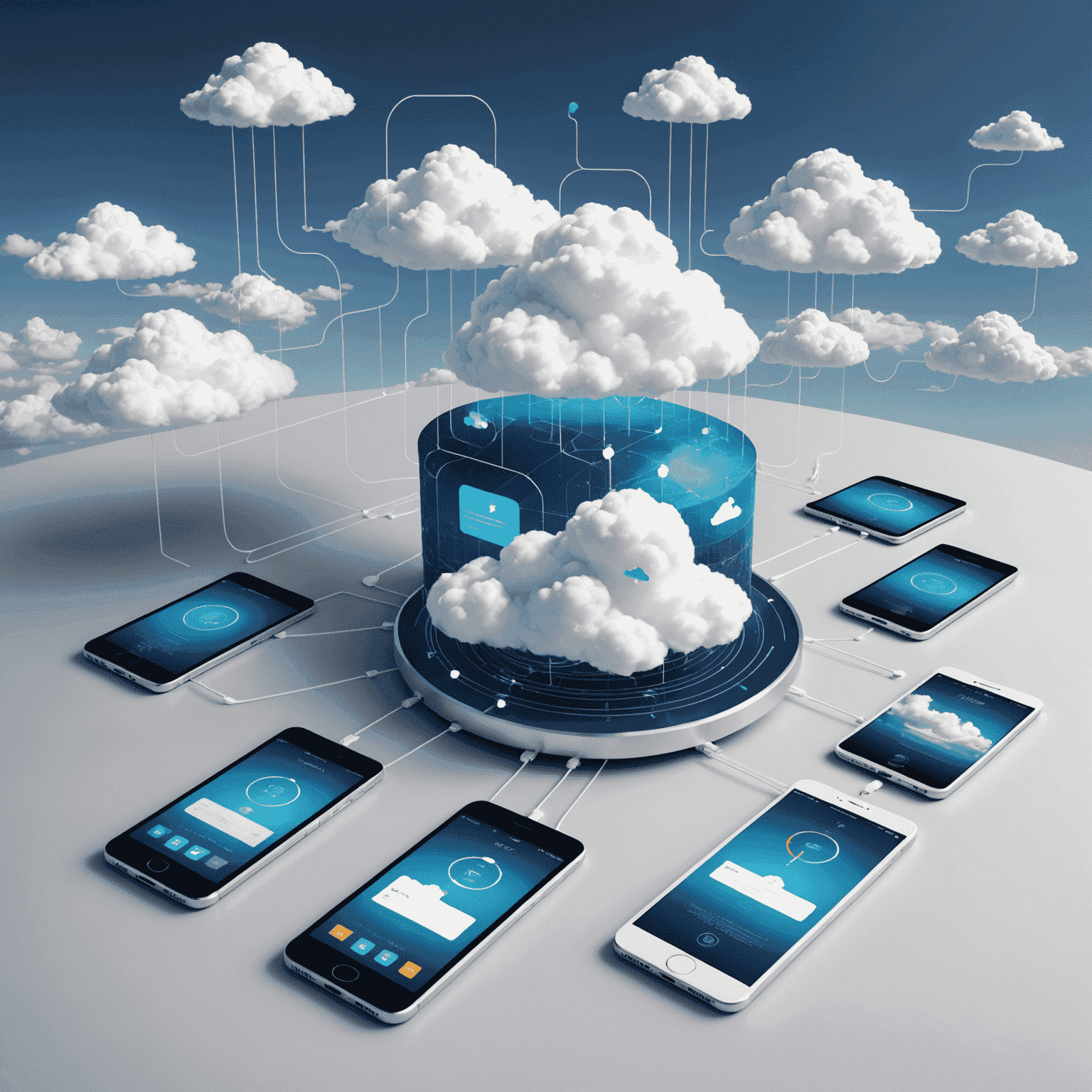 Cloud integration concept with mobile devices connected to cloud servers and data flow visualization