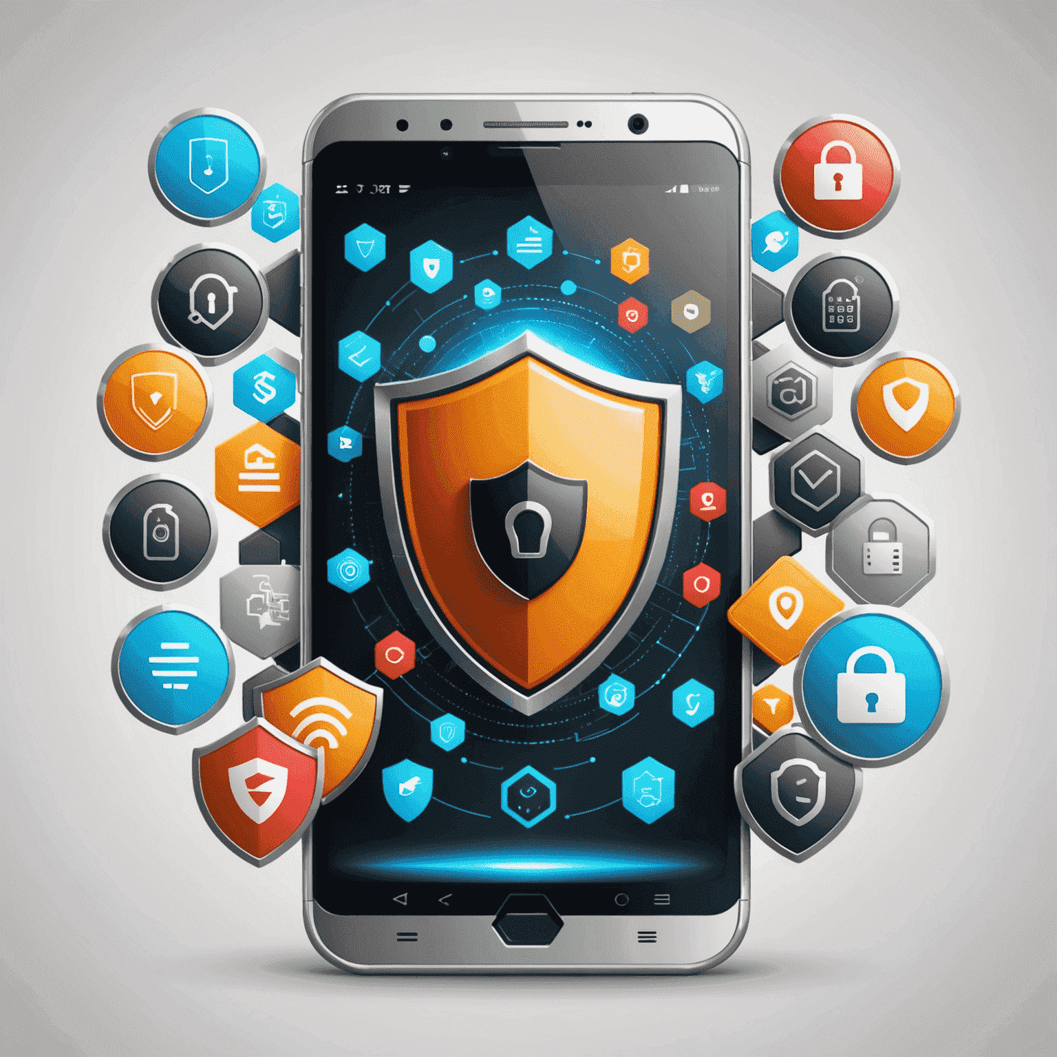Mobile security concept with a shield protecting a smartphone and various security icons
